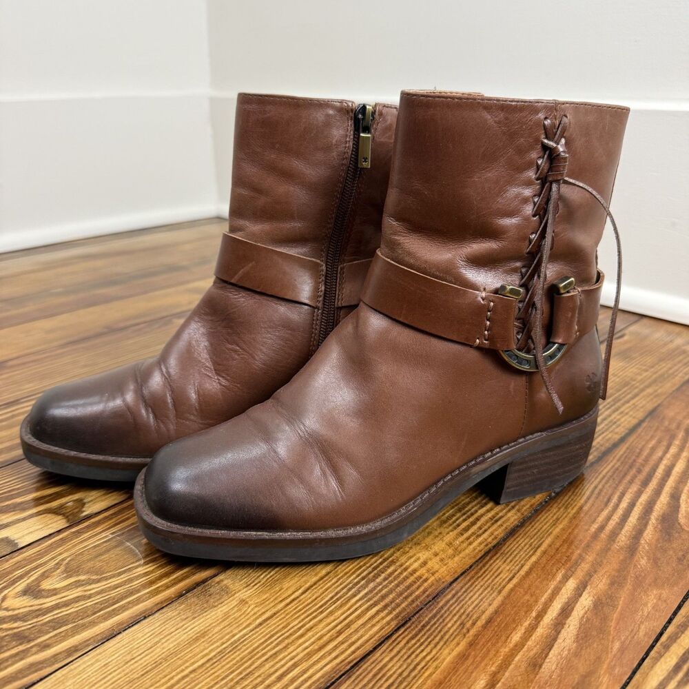 Lucky Brand Brown Leather Ankle Harness Boots | Western Moto Square Toe 7M